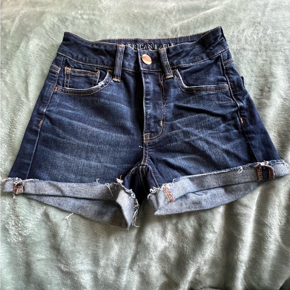 American Eagle High-rise Shortie Size 00 Dark Wash Denim Cuff Raw Hem